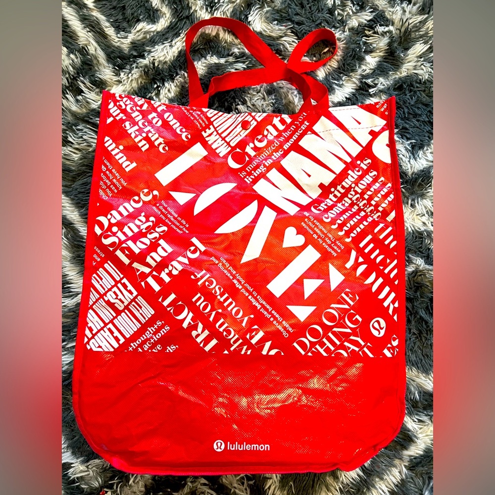 Lululemon Tote Bag Red White Retail Reusable Bag Handles Pouch with button
